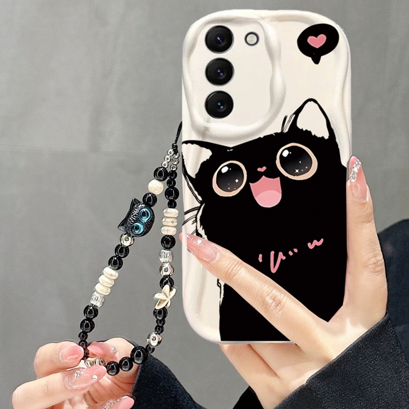 Cute Cartoon Wrist Strap Silicone Case - Чехол для телефона с черным котом