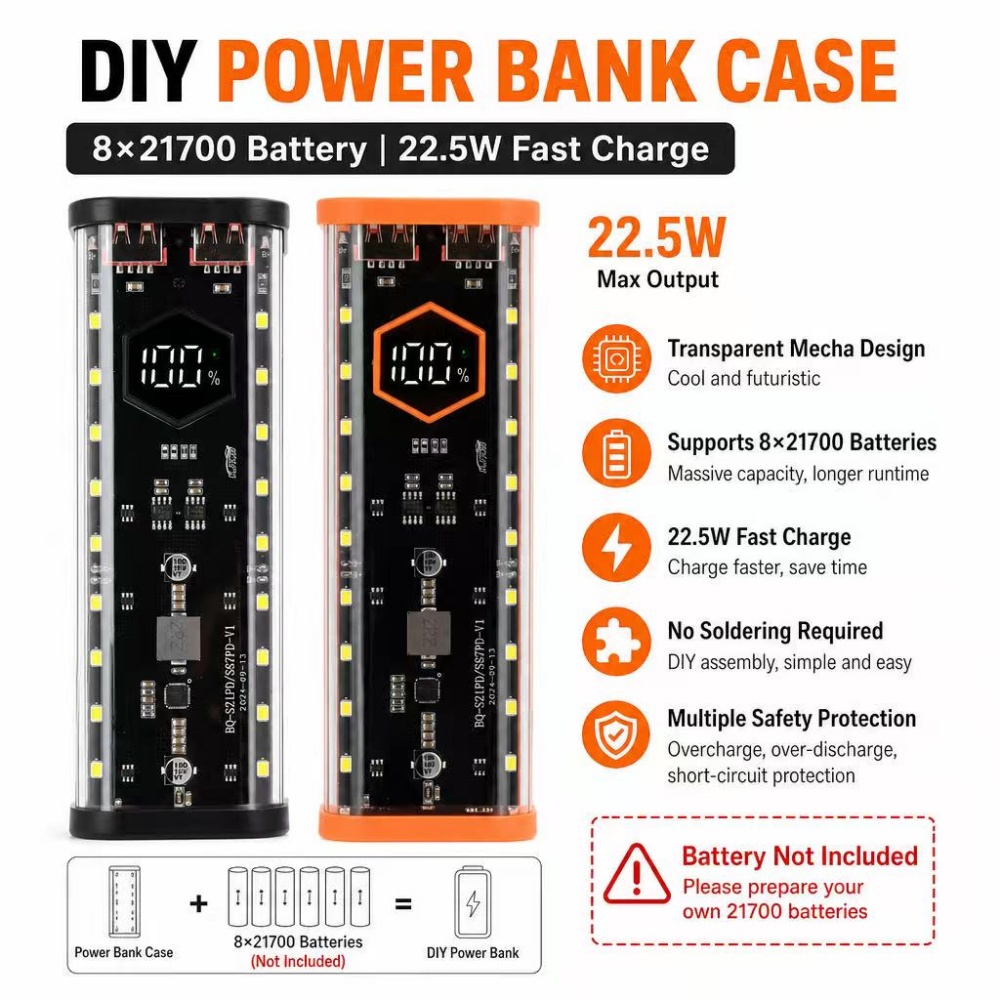 Power Banks - Корпус для аккумулятора 8*21700, 22,5 Вт,